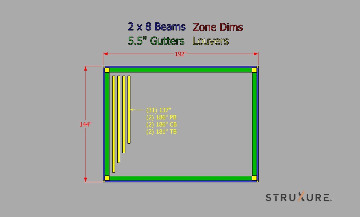 StruXure louver cut sheet for a 192 by 144 inch pergola zone in Ogden Utah showing 31 louvers, 2x8 beams and 5.5 inch gutters