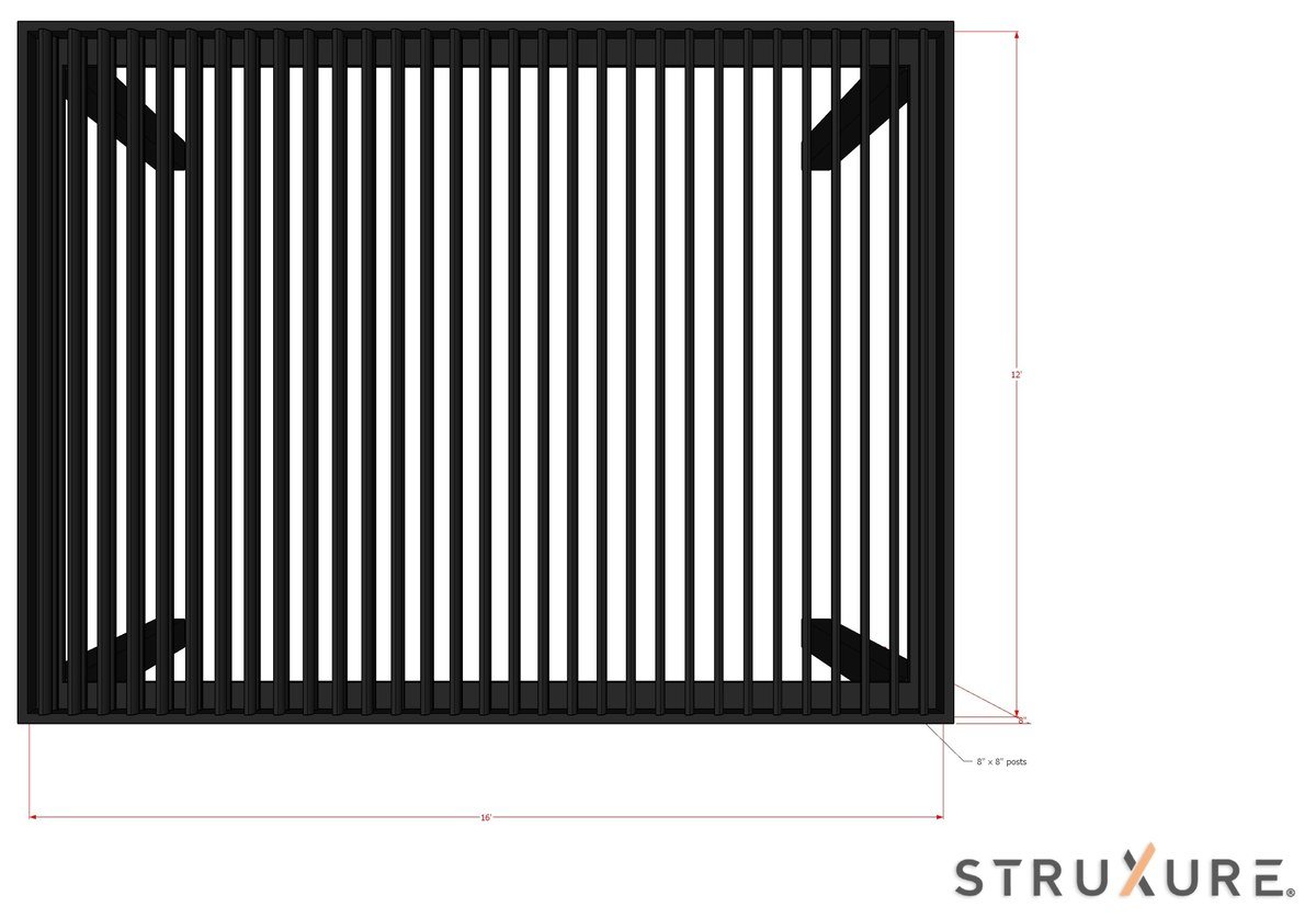 StruXure Pergola X shop drawing showing a 16 by 12 foot louvered pergola on 8 inch square posts